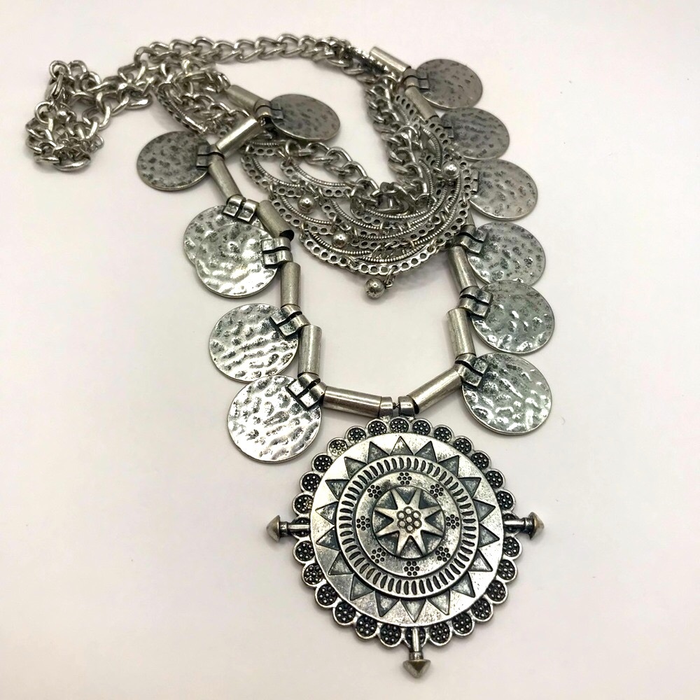 Antique Silver-Tone Multi Layered Statement Neckl… - image 1